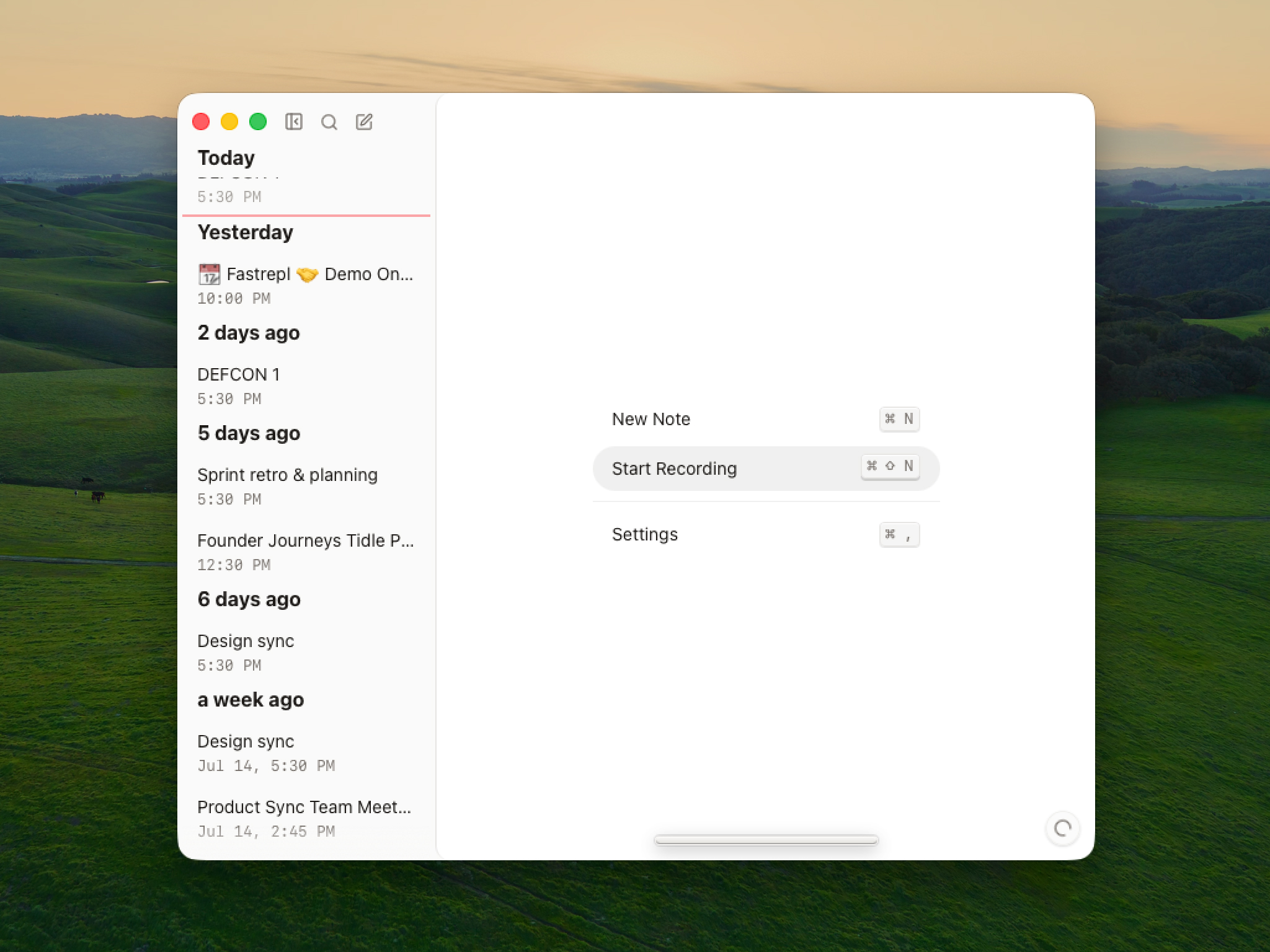Anarlog desktop quick-start screen with New Note, Start Recording, and Settings actions