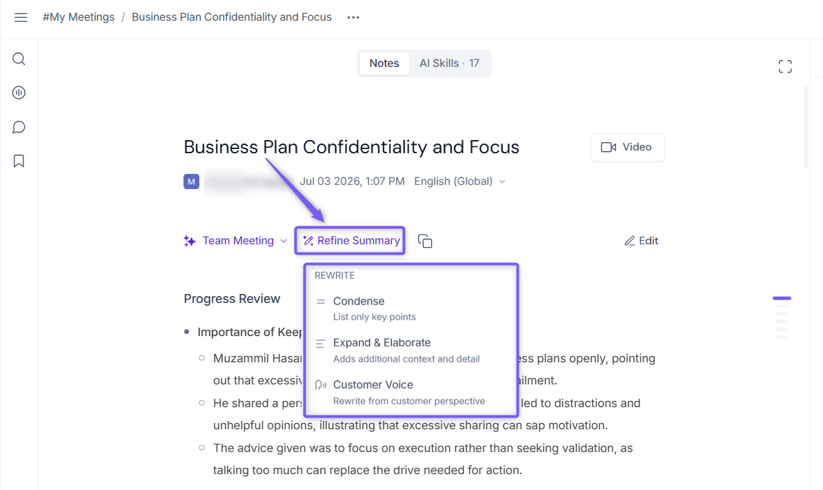 Fireflies meeting summary with its current refinement controls