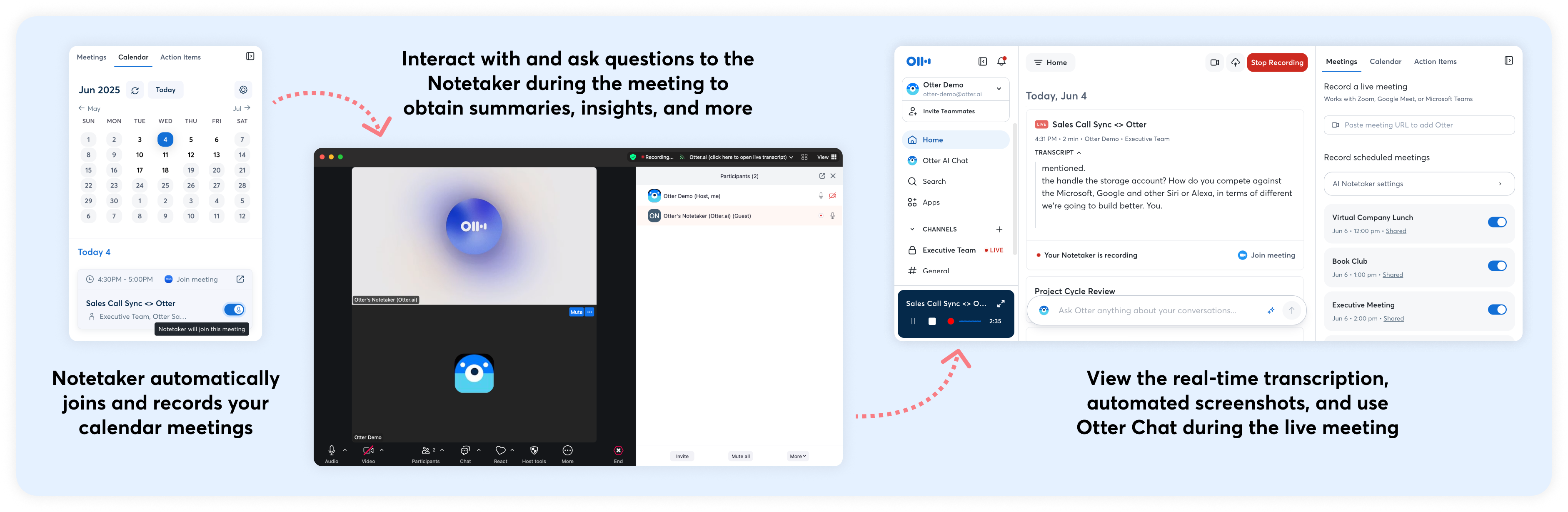 Otter Notetaker calendar controls, visible meeting participant, and live transcript workspace
