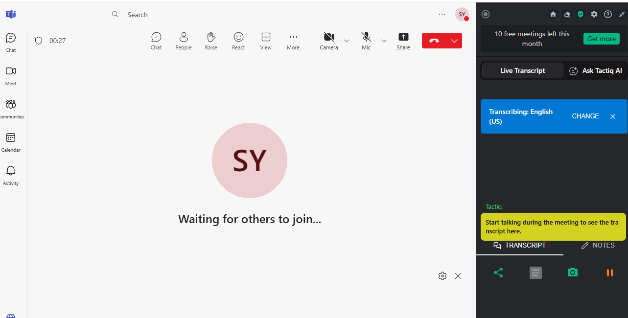 Tactiq Live Transcript panel beside a meeting in Microsoft Teams on the web